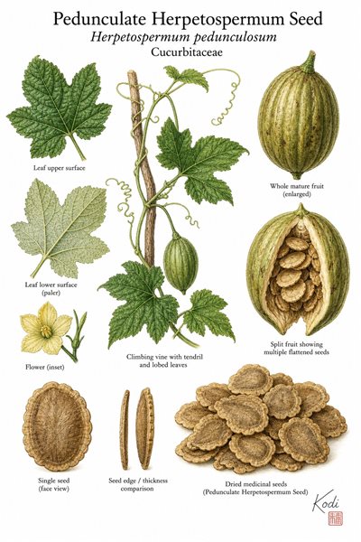 Botanical illustration of Pedunculate Herpetospermum Seed, Herpetospermum pedunculosum, showing climbing vine context, split fruit, flattened seeds, and diagnostic plant details.