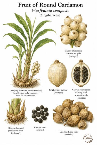 Botanical illustration of Fruit of Round Cardamon, Wurfbainia compacta, showing basal fruiting spikes, round capsules, black seeds, and diagnostic plant details.