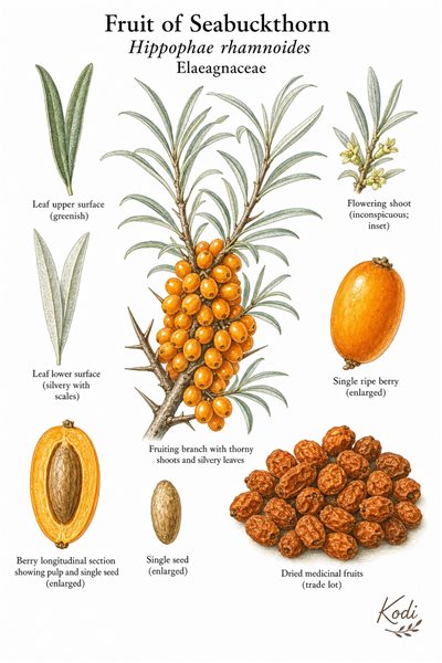Botanical illustration of Fruit of Seabuckthorn, Hippophae rhamnoides, showing thorny branch, silvery leaves, orange berries, fruit section, and diagnostic plant details.