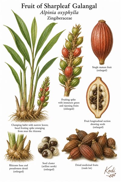 Botanical illustration of Fruit of Sharpleaf Galangal, Alpinia oxyphylla, showing basal fruiting spikes, ridged fruits, seed section, and diagnostic plant details.