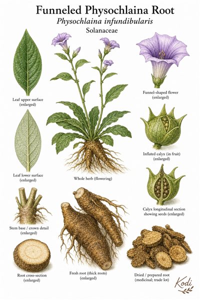 Botanical illustration of Funneled Physochlaina Root, Physochlaina infundibularis, showing funnel flowers, medicinal root, root section, and diagnostic plant details.