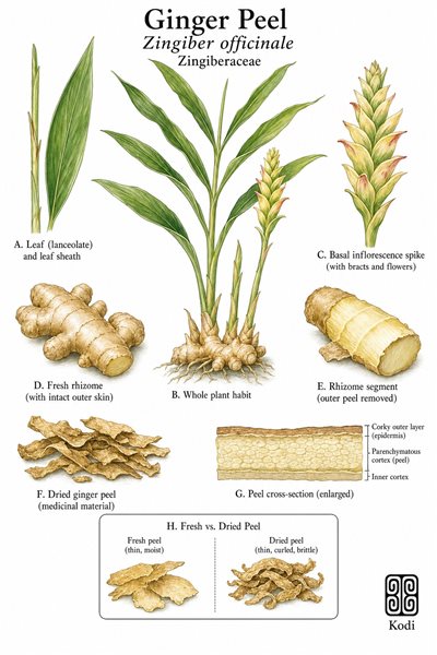 Botanical illustration of Ginger Peel, Zingiber officinale, showing ginger plant habit, skinned rhizome surface, medicinal peel strips, and diagnostic plant details.
