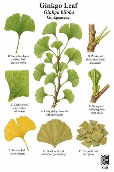 Botanical illustration of Ginkgo Leaf, Ginkgo biloba, showing fan-shaped leaves, dichotomous venation, spur shoots, and diagnostic plant details.