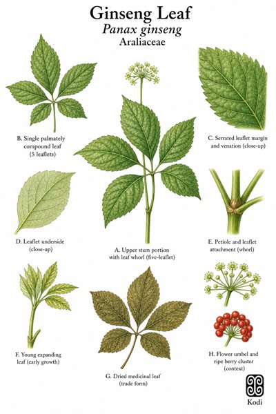 Botanical illustration of Ginseng Leaf, Panax ginseng, showing compound leaves, leaflet venation, dried leaf material, and diagnostic plant details.