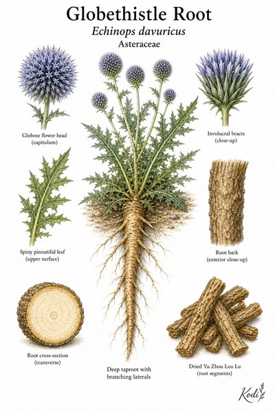 Botanical illustration of Globethistle Root, Echinops davuricus, showing spiny leaves, globose flower heads, medicinal root, and diagnostic plant details.