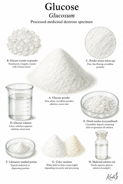 Scientific specimen plate of Glucose, Glucosum, showing dextrose powder, crystals, clear solution, and diagnostic material details.