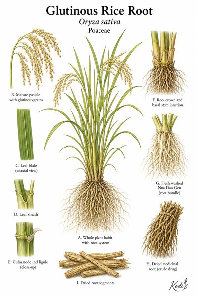 Botanical illustration of Glutinous Rice Root, Oryza sativa, showing rice habit, fibrous medicinal roots, dried root bundles, and diagnostic plant details.