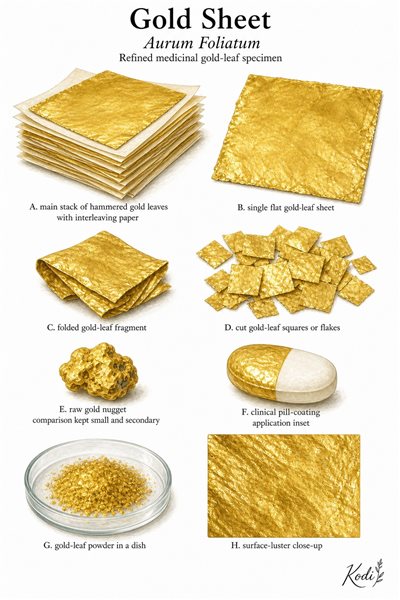 Scientific specimen plate of Gold Sheet, Aurum Foliatum, showing hammered gold leaves, flakes, pill-coating application, and diagnostic material details.