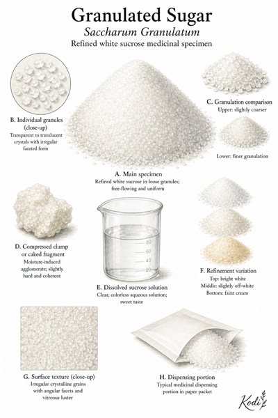 Scientific specimen plate of Granulated Sugar, Saccharum Granulatum, showing refined sucrose grains, dissolved sugar water, and diagnostic material details.