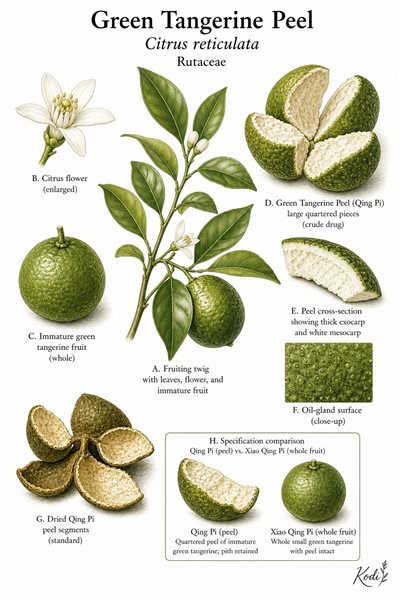 Botanical illustration of Green Tangerine Peel, Citrus reticulata, showing immature fruit, quartered Qing Pi peel, dried peel segments, and diagnostic plant details.