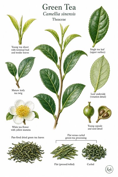 Botanical illustration of Green Tea, Camellia sinensis, showing tea shoots, white flowers, processed leaves, and diagnostic plant details.