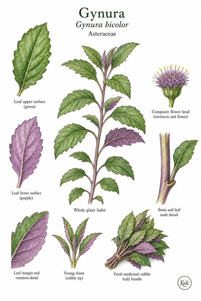 Botanical illustration of Gynura, Gynura bicolor, showing bicolored leaves, purple undersides, flowering head, and diagnostic plant details.