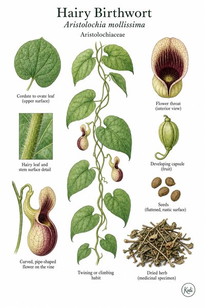 Botanical illustration of Hairy Birthwort, Aristolochia mollissima, showing climbing habit, pipe-shaped flower, hairy surfaces, and diagnostic plant details.