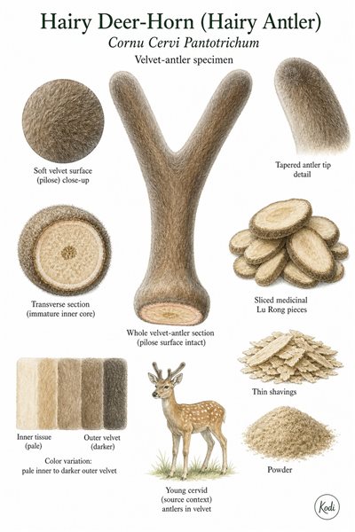 Scientific specimen plate of Hairy Deer-Horn (Hairy Antler), Cornu Cervi Pantotrichum, showing velvet antler sections, sliced Lu Rong pieces, and diagnostic material details.