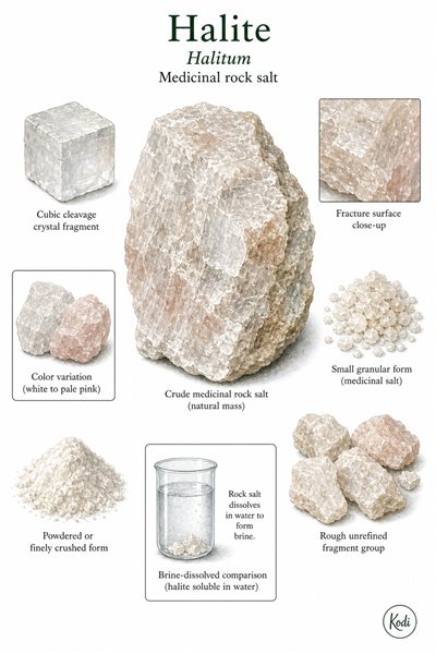 Scientific specimen plate of Halite, Halitum, showing crude rock salt, cubic cleavage fragments, crushed medicinal salt, and diagnostic mineral details.