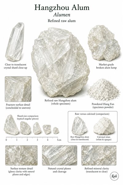 Scientific specimen plate of Hangzhou Alum, Alumen, showing refined raw alum crystals, translucent shards, powder, and diagnostic mineral details.