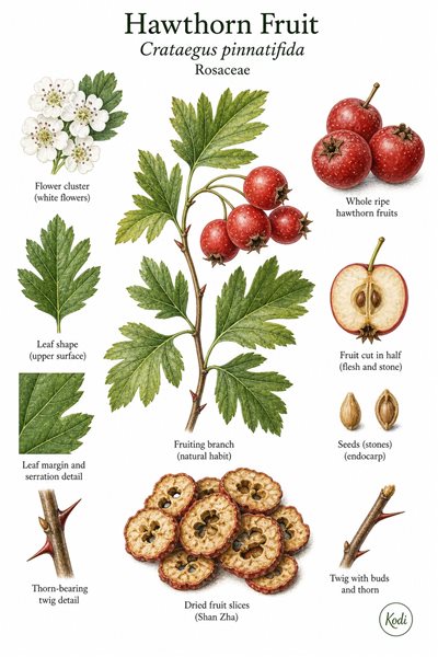 Botanical illustration of Hawthorn Fruit, Crataegus pinnatifida, showing fruiting branch, ripe fruits, dried Shan Zha slices, and diagnostic plant details.
