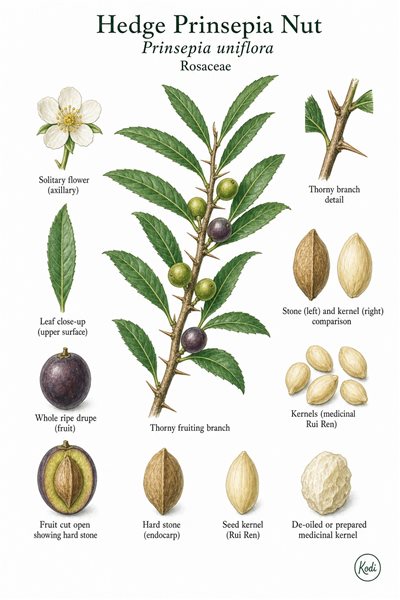 Botanical illustration of Hedge Prinsepia Nut, Prinsepia uniflora, showing thorny branch, drupe fruit, hard stone, kernel, and diagnostic plant details.