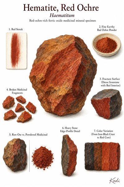 Scientific specimen plate of Hematite, Red Ochre, Haematitum, showing red-ochre-rich ore, red streak powder, dense medicinal fragments, and diagnostic mineral features.