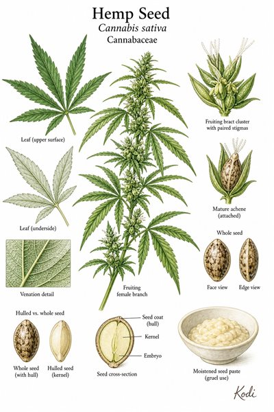 Botanical illustration of Hemp Seed, Cannabis sativa, showing fruiting female hemp habit, palmate leaves, mature achenes, whole and hulled medicinal seeds, and diagnostic plant details.