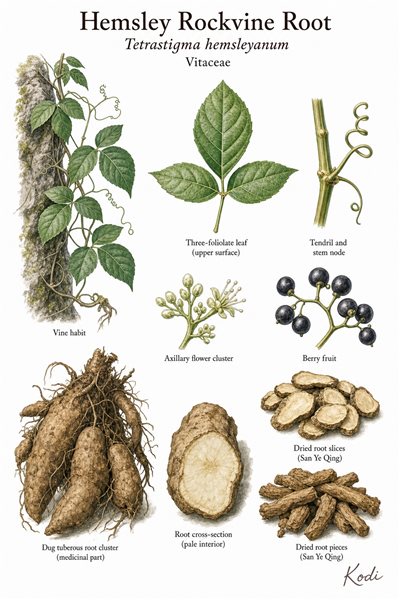 Botanical illustration of Hemsley Rockvine Root, Tetrastigma hemsleyanum, showing trifoliolate vine habit, tendrils, tuberous medicinal roots, and diagnostic plant details.