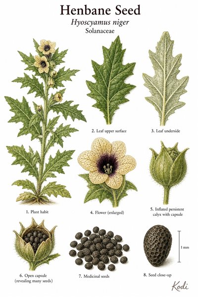Botanical illustration of Henbane Seed, Hyoscyamus niger, showing sticky leaves, veined flowers, inflated seed capsule, and diagnostic medicinal seed details.