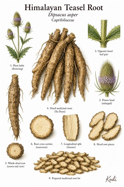 Botanical illustration of Himalayan Teasel Root, Dipsacus asper, showing dried Xu Duan roots, root cross-sections, and diagnostic source-plant context.