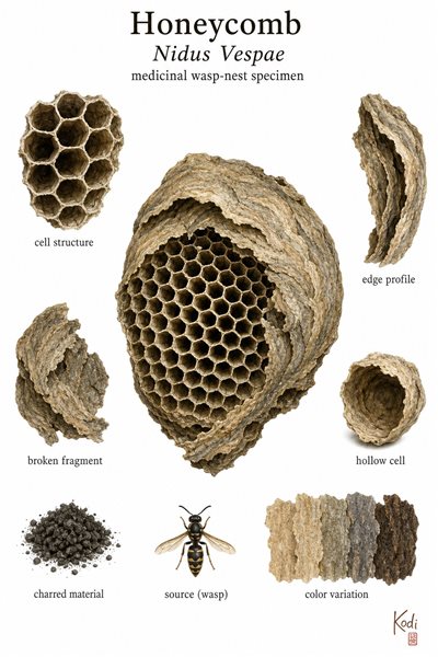 Scientific specimen plate of Honeycomb, Nidus Vespae, showing dried papery wasp nest, hexagonal cell structure, and diagnostic medicinal specimen details.