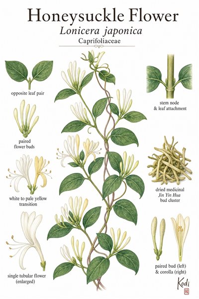 Botanical illustration of Honeysuckle Flower, Lonicera japonica, showing twining vine habit, paired flower buds, tubular flowers, dried Jin Yin Hua buds, and diagnostic plant details.