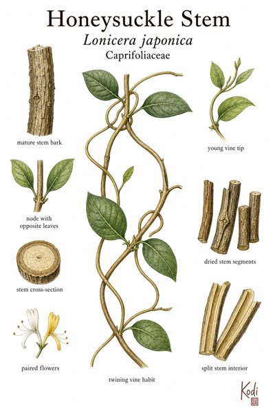 Botanical illustration of Honeysuckle Stem, Lonicera japonica, showing twining vine stems, stem cross-section, dried medicinal stem segments, and diagnostic plant details.