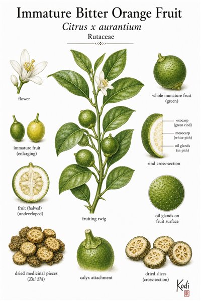 Botanical illustration of Immature Bitter Orange Fruit, Citrus x aurantium, showing small green Zhi Shi fruits, citrus branch context, cut fruit anatomy, and diagnostic immature bitter-orange details.