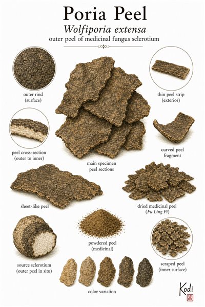 Scientific specimen plate of Poria Peel, Wolfiporia extensa, showing Fu Ling Pi rind sections, peel cross-sections, and diagnostic edema-focused medicinal fungus details.