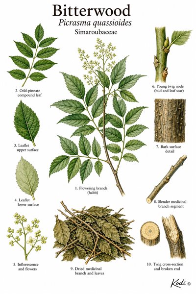 Botanical illustration of Bitterwood, Picrasma quassioides, showing pinnate leaves, medicinal branch-and-leaf material, twig anatomy, and diagnostic Ku Mu details.