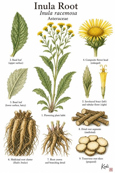 Botanical illustration of Inula Root, Inula racemosa, showing flowering plant context, thick aromatic roots, dried Tu Mu Xiang root pieces, and diagnostic medicinal-root details.