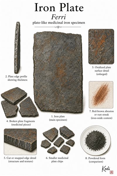 Scientific specimen plate of Iron Plate, Ferri, showing flat medicinal iron pieces, plate-edge detail, oxidized surfaces, and diagnostic mineral-form details.