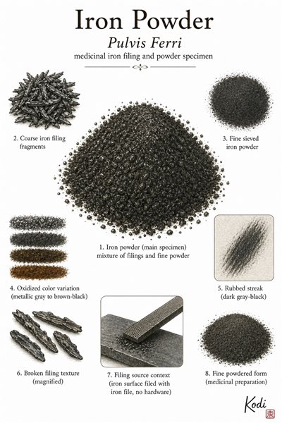 Scientific specimen plate of Iron Powder, Pulvis Ferri, showing iron filings, fine powder, oxidized color variation, and diagnostic medicinal mineral details.