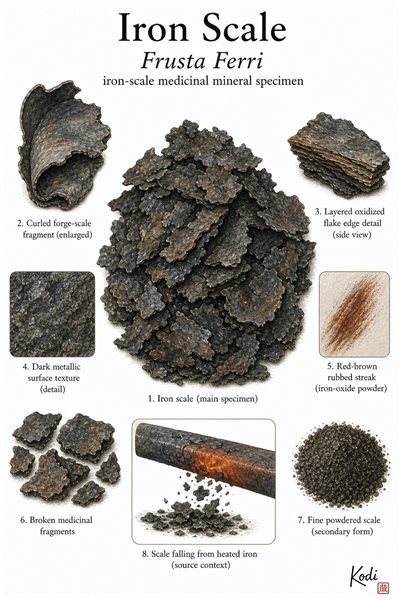 Scientific specimen plate of Iron Scale, Frusta Ferri, showing oxidized iron-scale flakes, abrasion streak detail, powdered comparison, and diagnostic medicinal mineral details.