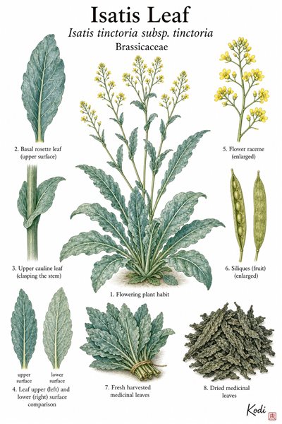 Botanical illustration of Isatis Leaf, Isatis tinctoria subsp. tinctoria, showing glaucous leaves, yellow racemes, dried Da Qing Ye leaf material, and diagnostic plant details.