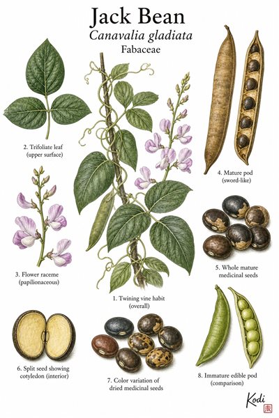 Botanical illustration of Jack Bean, Canavalia gladiata, showing sword-bean vine habit, mature seeds, long pod anatomy, and diagnostic Dao Dou seed details.