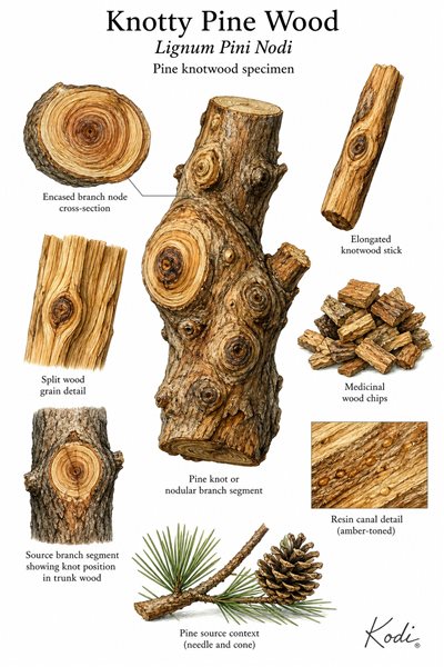 Scientific specimen plate of Knotty Pine Wood, Lignum Pini Nodi, showing woody pine nodes, swirling grain, medicinal chips, and diagnostic Song Jie material details.