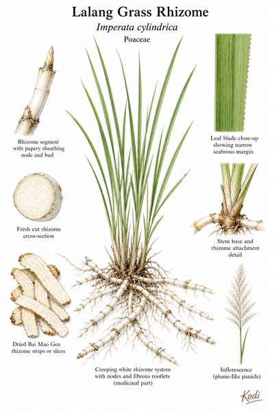 Botanical illustration of Lalang Grass Rhizome, Imperata cylindrica, showing grass habit, white rhizomes, cut sections, dried Bai Mao Gen material, and diagnostic plant details.