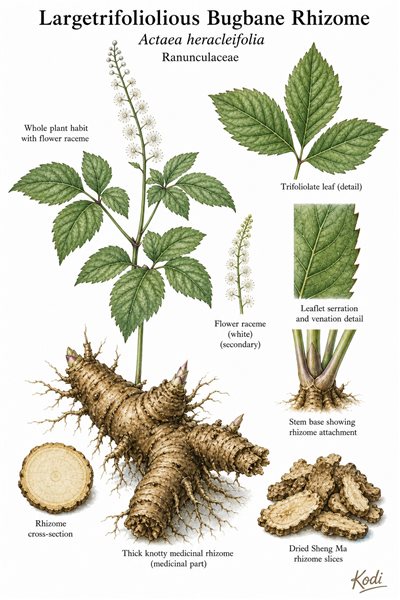Botanical illustration of Largetrifoliolious Bugbane Rhizome, Actaea heracleifolia, showing trifoliolate leaves, flower raceme, knotty rhizome, dried Sheng Ma material, and diagnostic plant details.