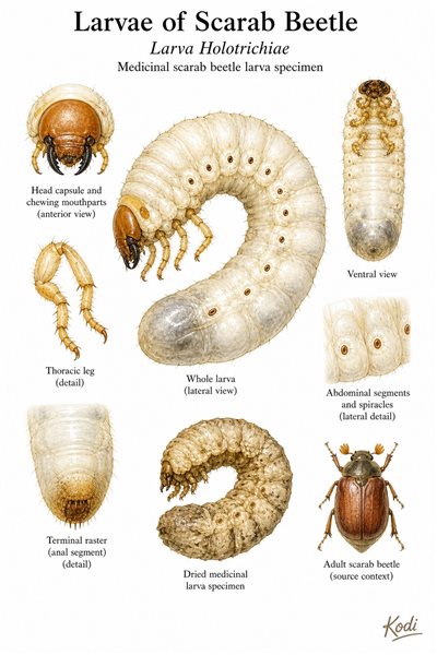 Scientific specimen plate of Larvae of Scarab Beetle, Larva Holotrichiae, showing C-shaped larva anatomy, dried specimen form, and diagnostic Qi Cao details.