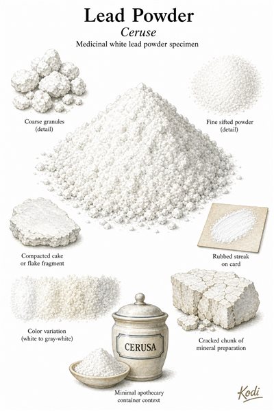 Scientific specimen plate of Lead Powder, Ceruse, showing white lead powder, chalky granules, compacted fragments, and diagnostic medicinal specimen details.