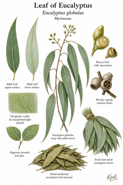 Botanical illustration of Leaf of Eucalyptus, Eucalyptus globulus, showing sickle-shaped leaves, buds, capsule, dried leaf material, and diagnostic plant details.