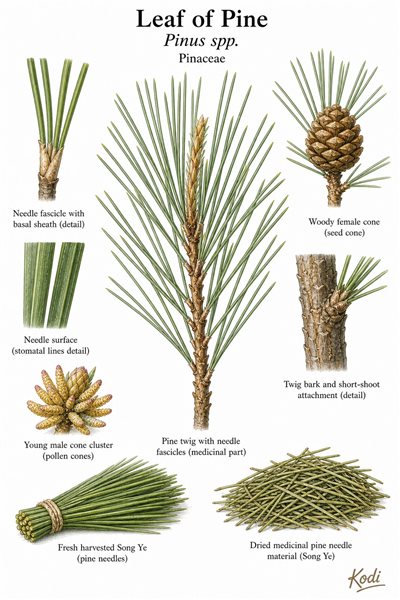 Botanical illustration of Leaf of Pine, Pinus spp., showing needle fascicles, cones, dried Song Ye material, and diagnostic plant details.