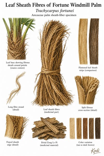 Scientific specimen plate of Leaf Sheath Fibres of Fortune Windmill Palm, Trachycarpus fortunei, showing sheath fibers, fibrous strips, source context, and diagnostic Zong Lv Pi material details.