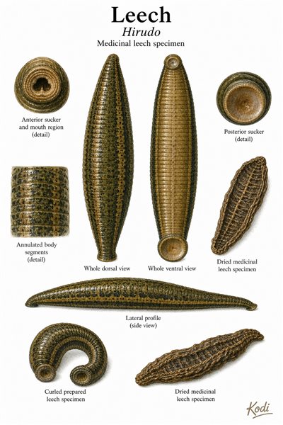 Scientific specimen plate of Leech, Hirudo, showing dorsal and ventral anatomy, suckers, dried specimen form, and diagnostic Shui Zhi details.
