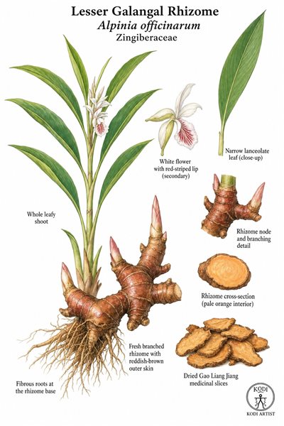 Botanical illustration of Lesser Galangal Rhizome, Alpinia officinarum, showing leafy shoot, flower, branched rhizome, dried Gao Liang Jiang slices, and diagnostic plant details.