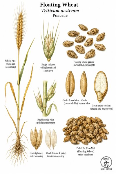 Botanical illustration of Floating Wheat, Triticum aestivum, showing shriveled Fu Xiao Mai grains, wheat ear, spikelet, and diagnostic grain details.
